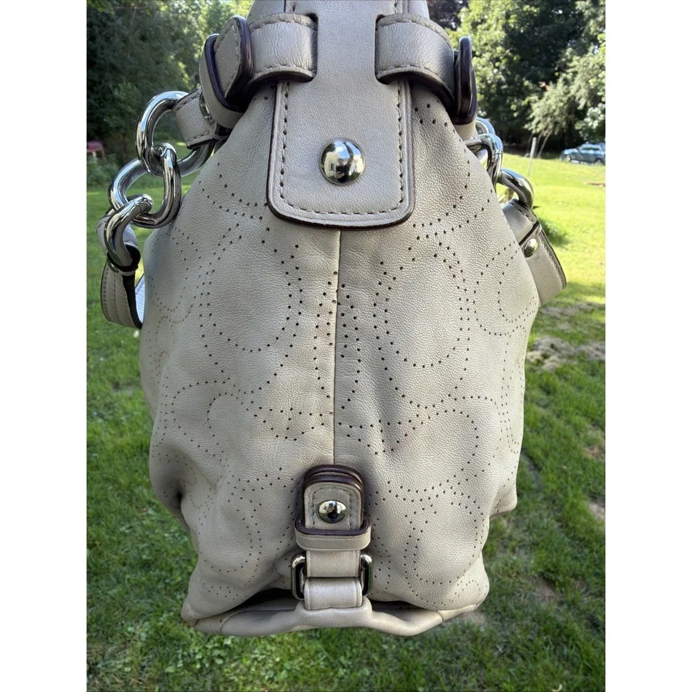 COACH Brooke Dove Gray Leather Perforated Signature Hobo Purse Boho